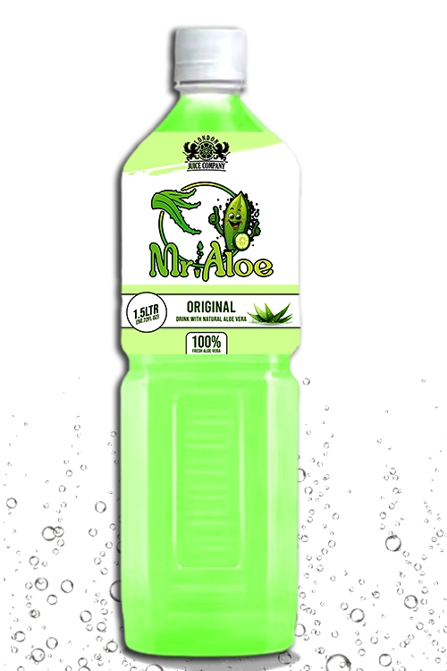 Mr. Aloe Original flavor in a refreshing 1.5-liter bottle, featuring 100% fresh aloe vera.